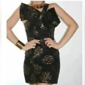 Milly of New York Black Gold Metallic Textured One Shoulder Bow Mini Size 2